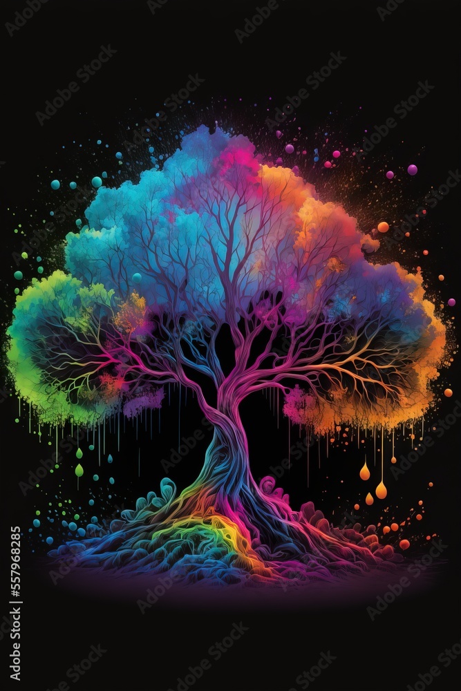 Poster a colorful tree with a black background and a black background with drops of paint on the tree's tru