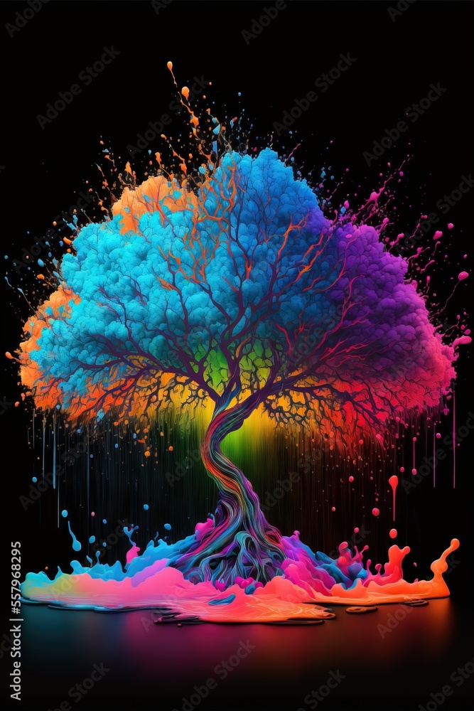 Poster a colorful tree with a black background and a black background with a black background and a black b