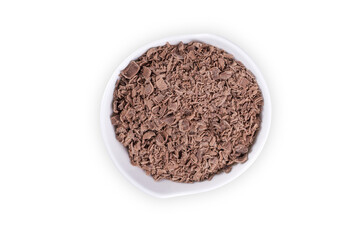 chocolate pieces on white background, top view