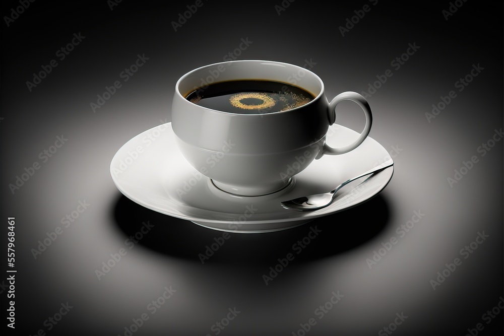 Poster a cup of coffee on a saucer on a black background with a spoon and a spoon rest on the saucer and th