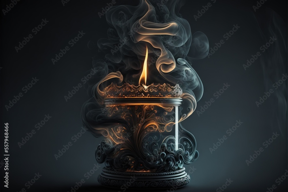 Poster a lit candle with smoke coming out of it on a black background with a black background and a black b