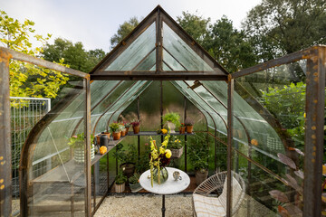 Beautiful orangery made of rusty metal and glass with flowers inside. Lush bouquet in vase on the table. Growing plants in greenhouse in garden