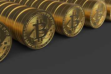 3d render of stacked Bitcoin physical coins.