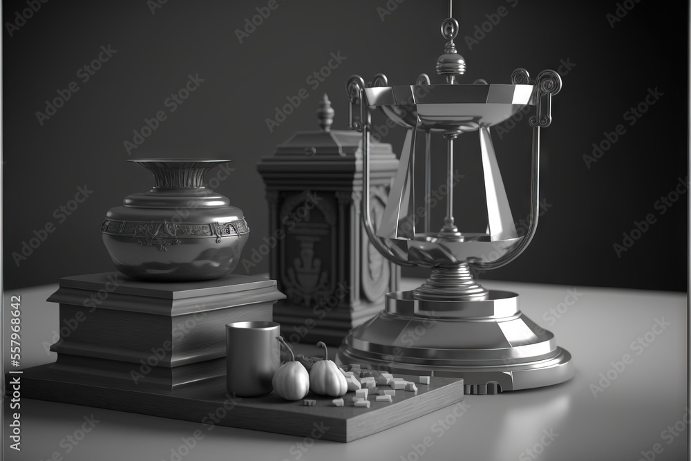 Aufkleber a silver trophy sitting on top of a table next to a vase and a candle holder on top of a block of wo