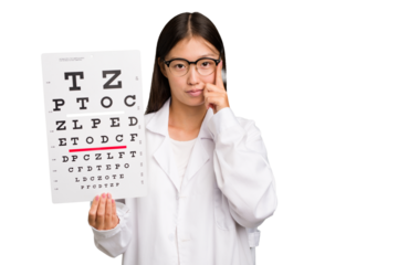 Young asian oculist woman holding a eye chart paper isolated pointing temple with finger, thinking, focused on a task.