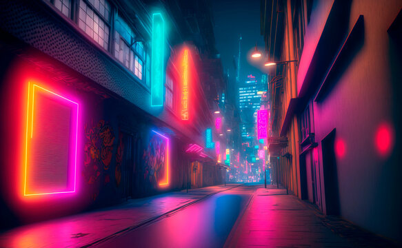 Beautiful neon night in a cyberpunk city. Photorealistic Generative AI illustration of the futuristic city. Empty street with multicolored neon lights.