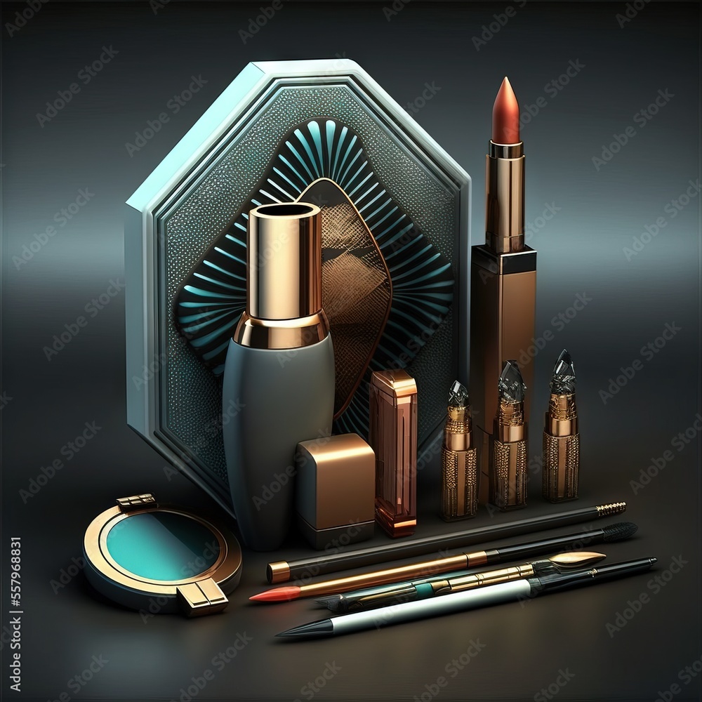 Poster a set of cosmetics and a mirror on a black background with a gold frame and a blue background with a