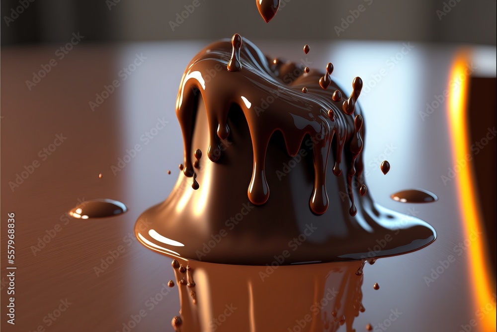 Poster a chocolate cake with chocolate sauce on top of a wooden table with drops of chocolate on the table 