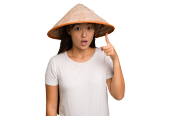 Young asian woman wearing a Vietnamese hat isolated having an idea, inspiration concept.