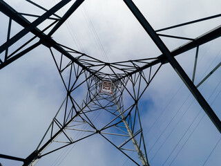 View at the steel structure - high voltage power lines blue sky with clouds