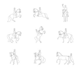 Set of riders and horses on the theme of classical dressage, vector outline