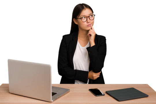 Young business asian woman sitting on a table isolated looking sideways with doubtful and skeptical expression.