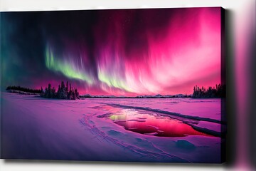 a painting of a purple and green aurora bore over a frozen lake with trees and snow on the ground.