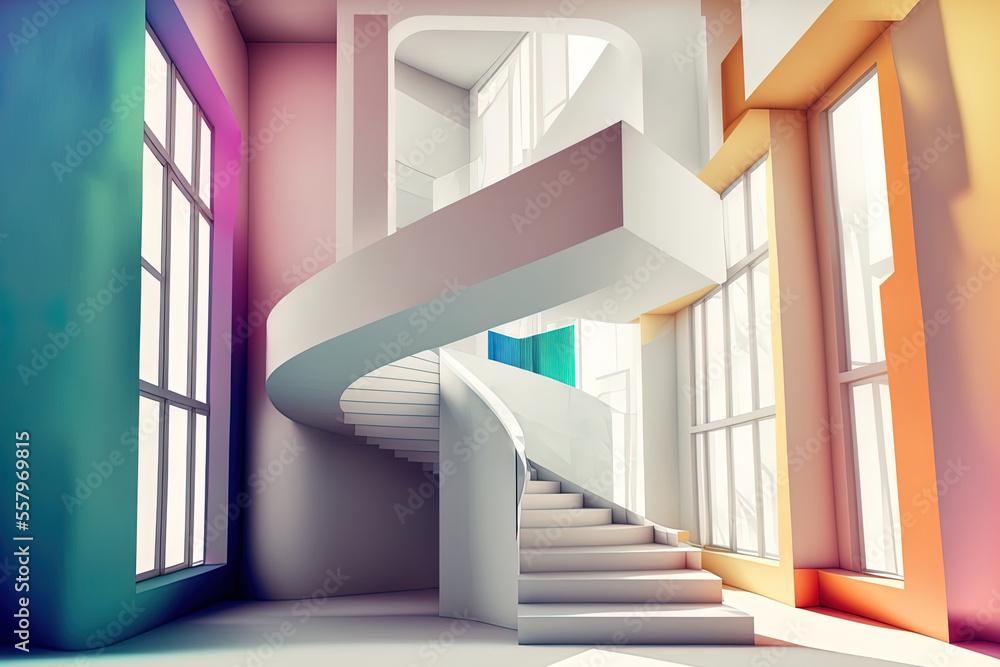Poster abstract multilevel public space with window and smooth white and colored gradient interior. generat