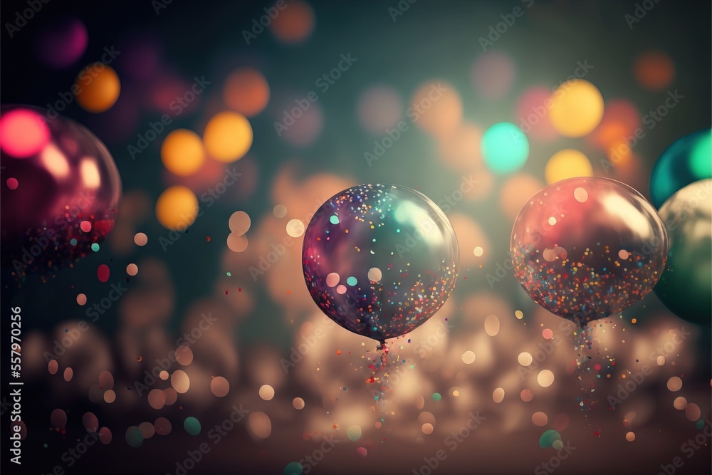 Aufkleber a bunch of balloons that are floating in the air with a boke of lights in the back ground behind the