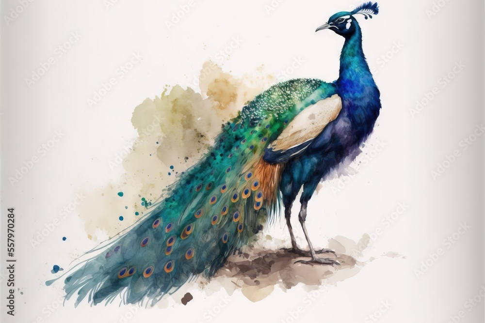 Poster a painting of a peacock standing on the ground with its feathers spread out and it's feathers spread