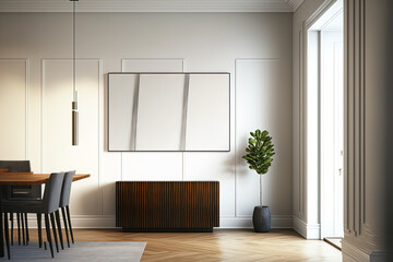 Fototapeta premium View from the corner of a large dining room with a sideboard and an empty horizontal canvas in the background. Also visible are an indoor column, a beige wall, and a parquet floor. concept for contemp