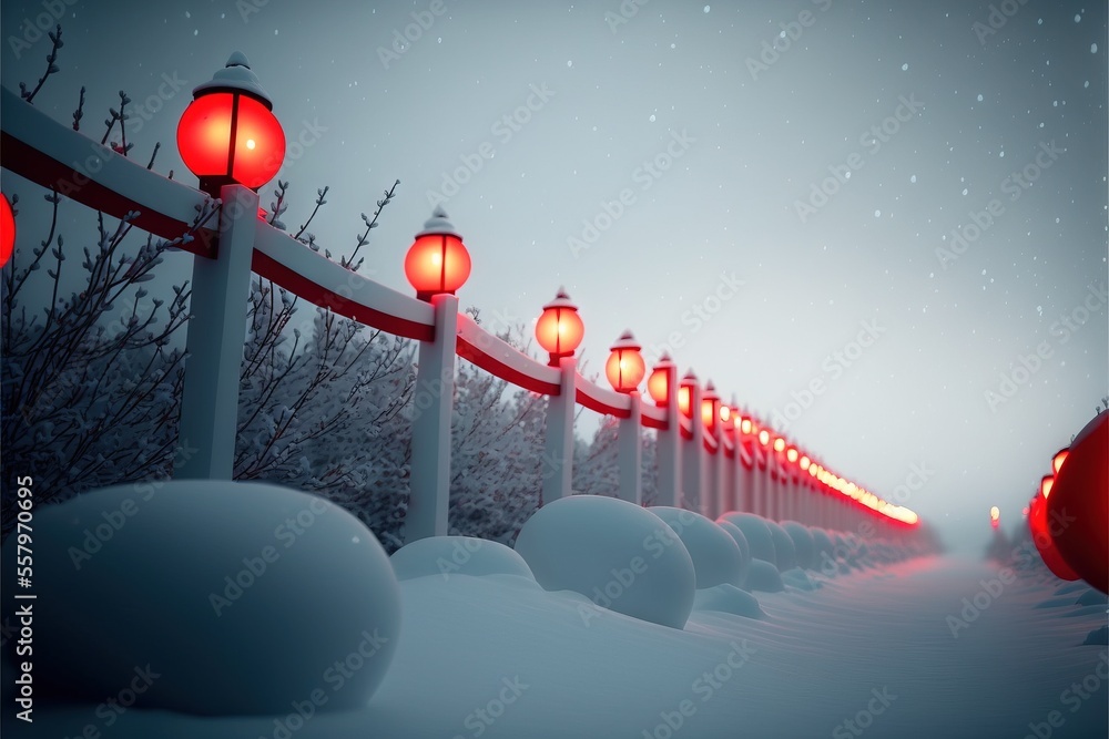 Poster a row of red lanterns sitting on top of a snow covered ground next to a fence and a row of red lante