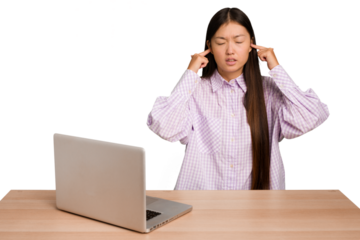 Young student asian woman in a workplace with a laptop isolated covering ears with fingers, stressed and desperate by a loudly ambient.