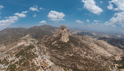 Panoramic view of Peña de Bernal, at the foot of the mountain the magical town of Bernal in Queretaro, Mexico