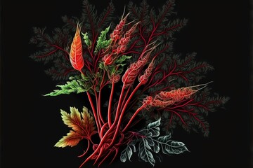 a bunch of red and green flowers on a black background with leaves and stems in the center of the picture.