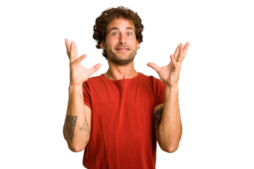 Young curly smart caucasian man cut out isolated screaming to the sky, looking up, frustrated.