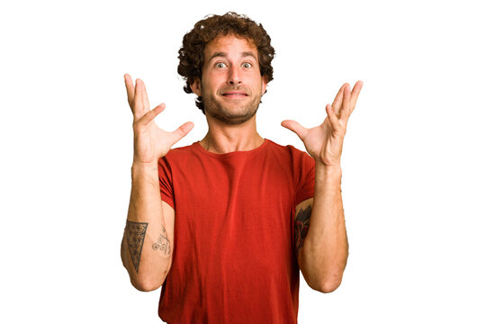 Young Curly Smart Caucasian Man Cut Out Isolated Screaming To The Sky, Looking Up, Frustrated.