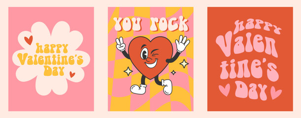 Groovy hippie Valentine's day greeting card set. Hand drawn vintage style cards with heart and typography design. Trendy retro cartoon style design templates for party, poster. Vector illustration.  