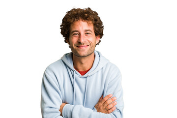 Young curly smart caucasian man cut out isolated laughing and having fun.