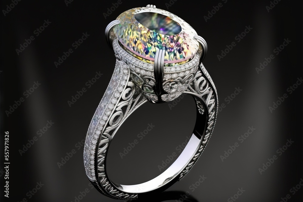 Aufkleber a fancy ring with a colorful stone in the center of it on a black background with a reflection of th