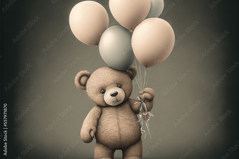 Poster a teddy bear holding a bunch of balloons on a string and tied to a string with a bow on the end of the string, and a string attached to the end of the balloon., generative ai