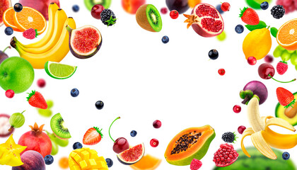 Healthy food banner, frame made of fresh fruits