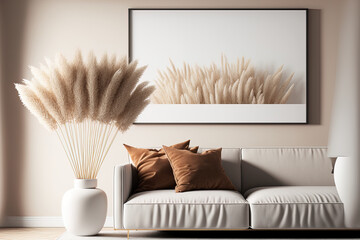 Mockup of a blank horizontal poster frame in a modern living room with a background in a Scandinavian style living room, a beige sofa, and pampas grass. Generative AI
