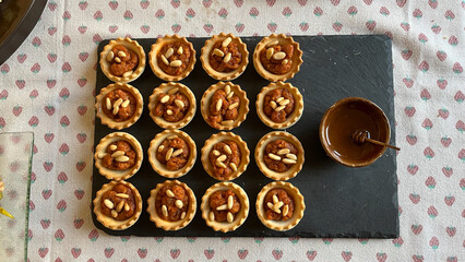 Vegan food group of tartlets with filling without meat