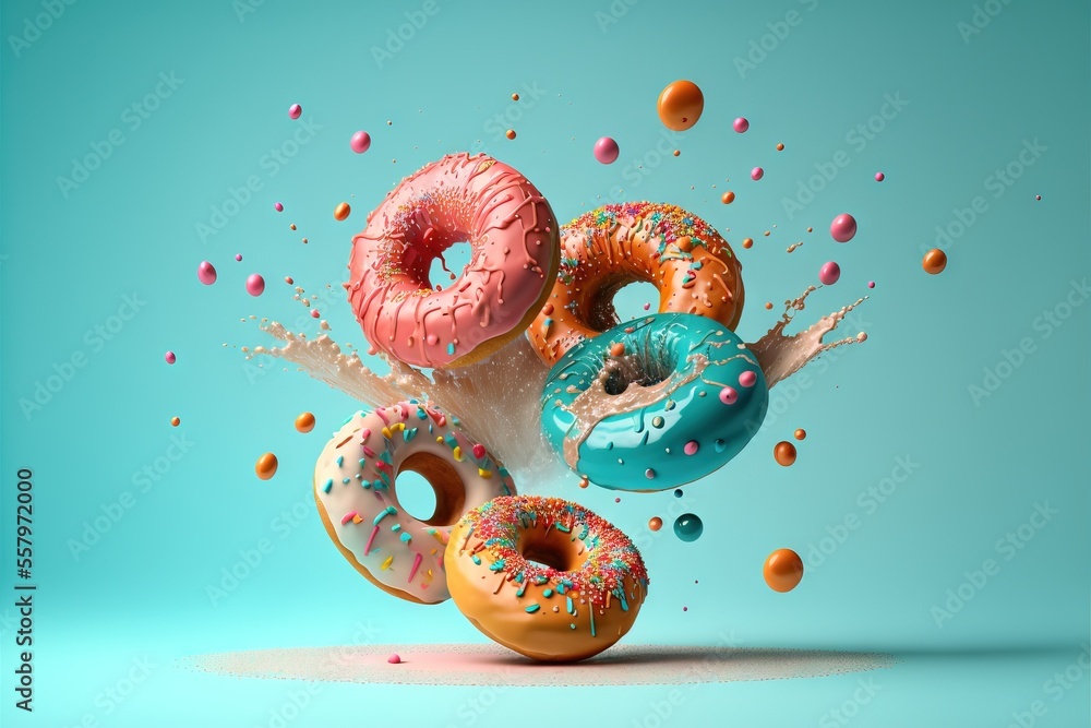 Poster a bunch of doughnuts that are flying in the air with sprinkles on them and on a blue background with