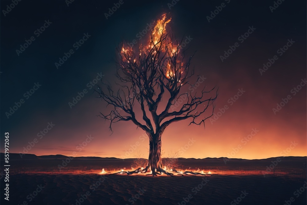 Poster a burning tree in the middle of a desert with a dark sky in the background and a red sky in the background with a few clouds in the foreground, and a dark sky with no., generative ai