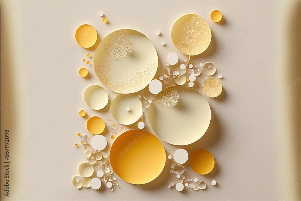 Poster a white and yellow abstract background with circles and bubbles on a light beige background with a l