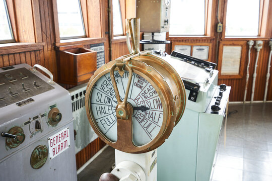 The command speed telegraph to communicate the speed to the engine room. This is the one used by the William G Mathers, now a museum ship in Cleveland Ohio.