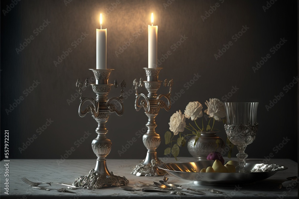 Poster a couple of candles that are sitting on a table with a plate of fruit and a bowl of fruit on the sid