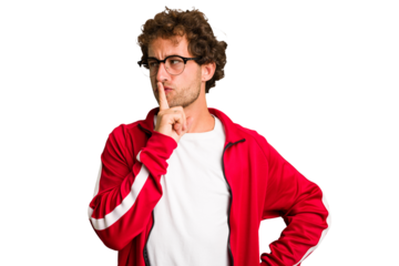 Young curly smart caucasian man cut out isolated keeping a secret or asking for silence.