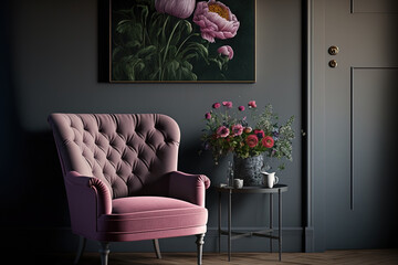Realistic image of a pink armchair in a large living room interior, perched on a rug and beneath a light, near to a table with flowers and in front of a shelf close to a grey wall with a dark picture