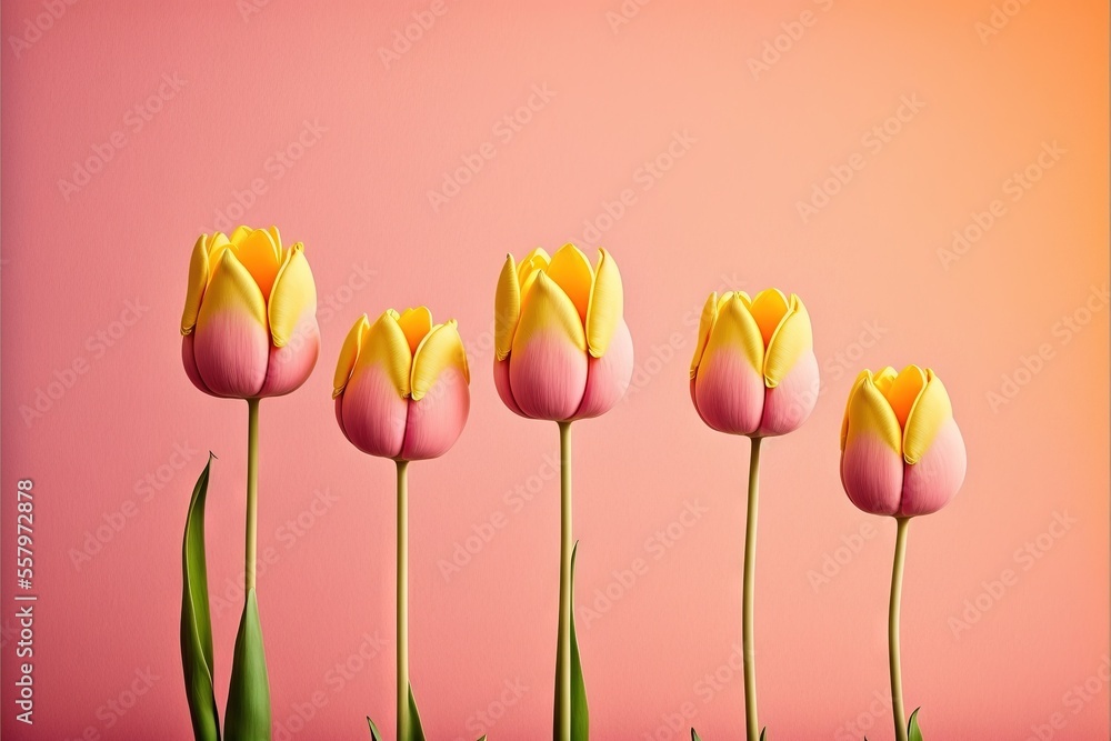 Poster a row of pink and yellow tulips on a pink background with a pink sky in the background and a pink sk