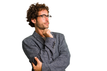 Young curly smart caucasian man cut out isolated confused, feels doubtful and unsure.