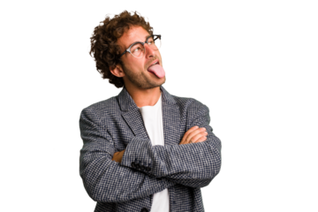 Young curly smart caucasian man cut out isolated funny and friendly sticking out tongue.