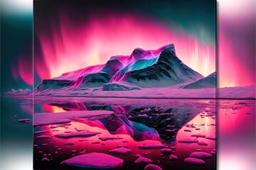a painting of a mountain with a pink sky and purple and blue lights above it and a lake with ice and rocks.