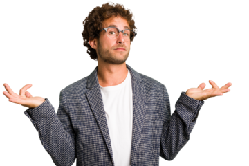 Young curly smart caucasian man cut out isolated doubting and shrugging shoulders in questioning gesture.