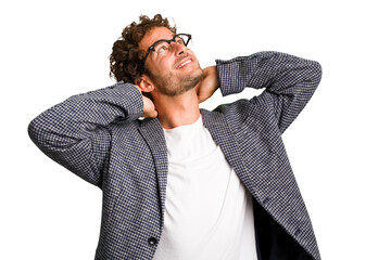 Young curly smart caucasian man cut out isolated feeling confident, with hands behind the head.