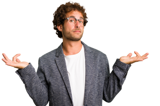 Young curly smart caucasian man cut out isolated doubting and shrugging shoulders in questioning gesture. - Powered by Adobe