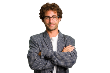 Young curly smart caucasian man cut out isolated who feels confident, crossing arms with determination.