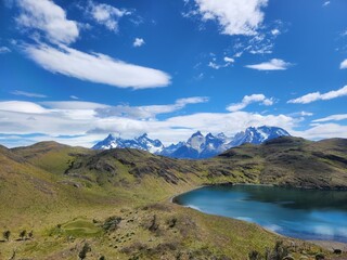 View of mountains over Laguna Honda on the Lazo Weber trail, Torres del Paine, Chile